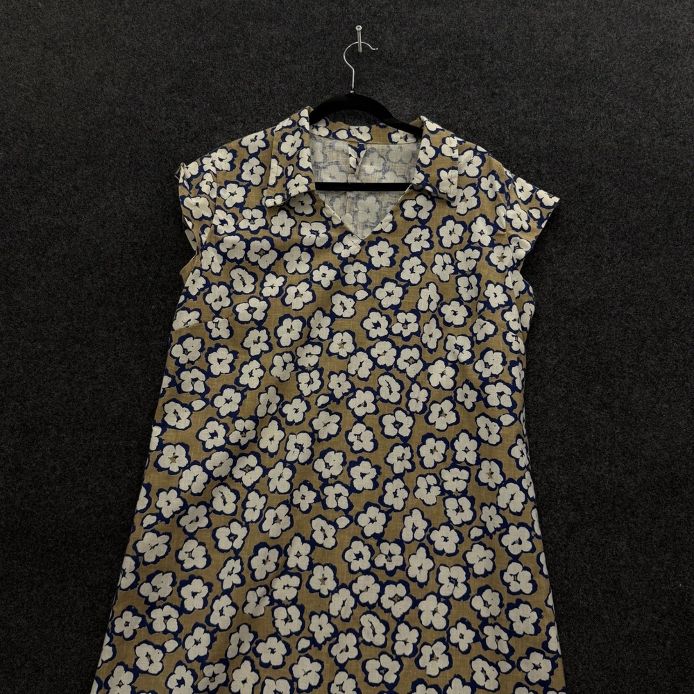 Vintage 60s Handmade Floral Maxi Dress Tan Blue White Daisy Print Plus Size 2X